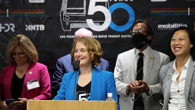 BART Director Rebecca Saltzman speaks at the 50th Anniversary Celebration and Family Fun Festival on Sept. 10, 2022.