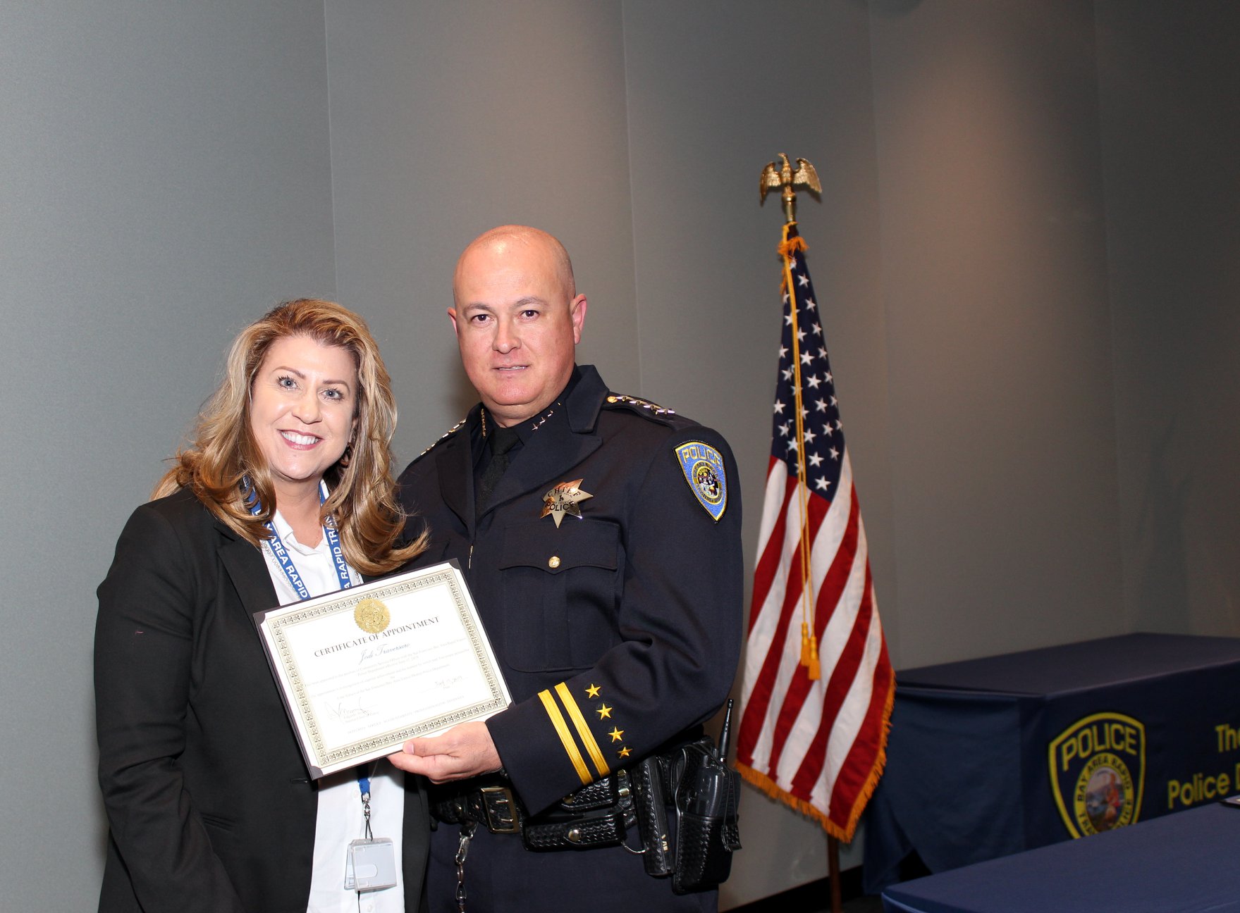 Interim Chief Ed Alvarez poses with new emergency preparedness manager Jodi Traversaro