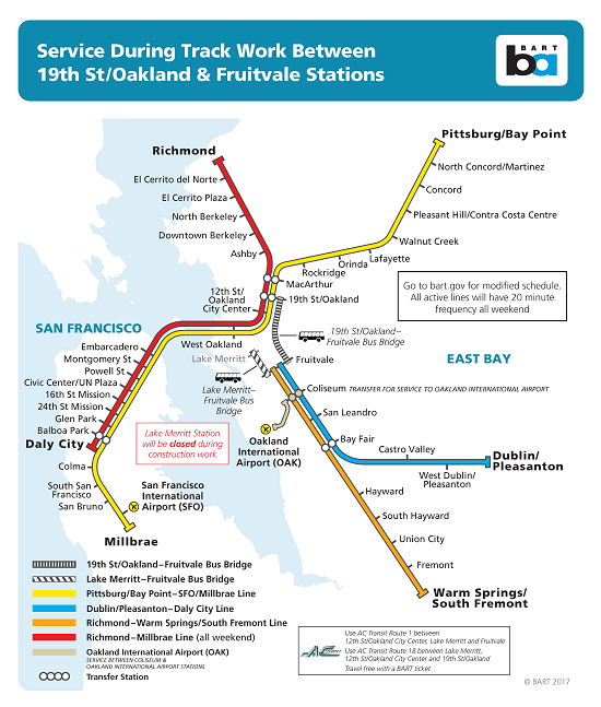 Map of bus bridge between Fruitvale & 19th