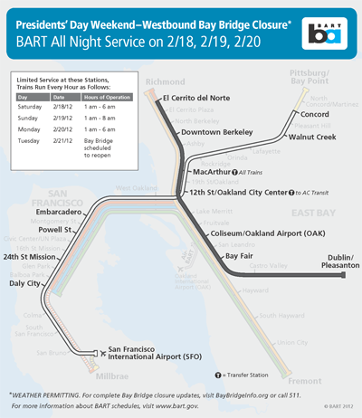 BART All Night Service on 2/18, 2/19, 2/20