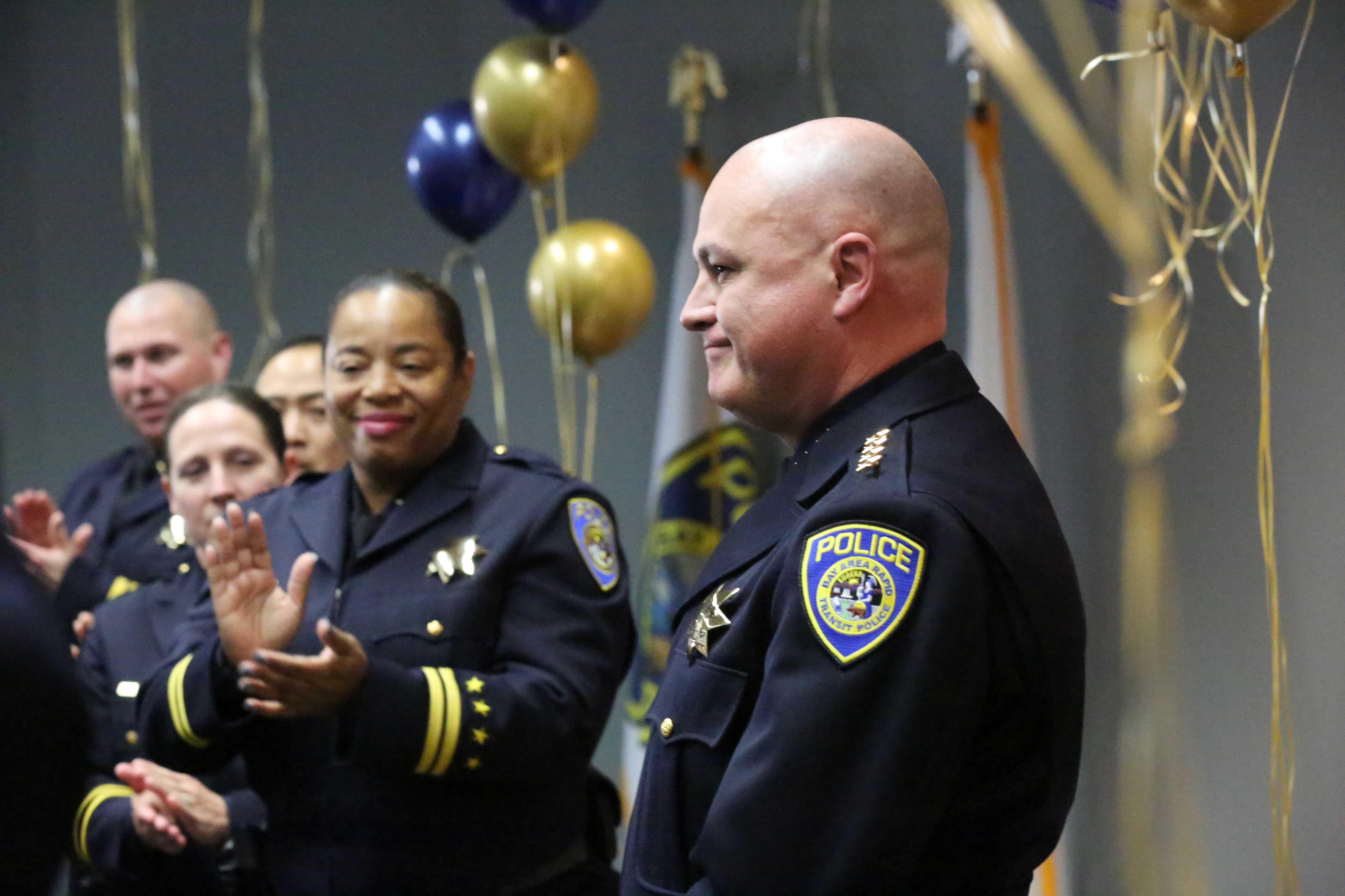 Swearing-in ceremony for Alvarez on Feb. 7, 2020. At left, applauding, is Deputy Chief Angela Averiett, whom Alvarez named to le