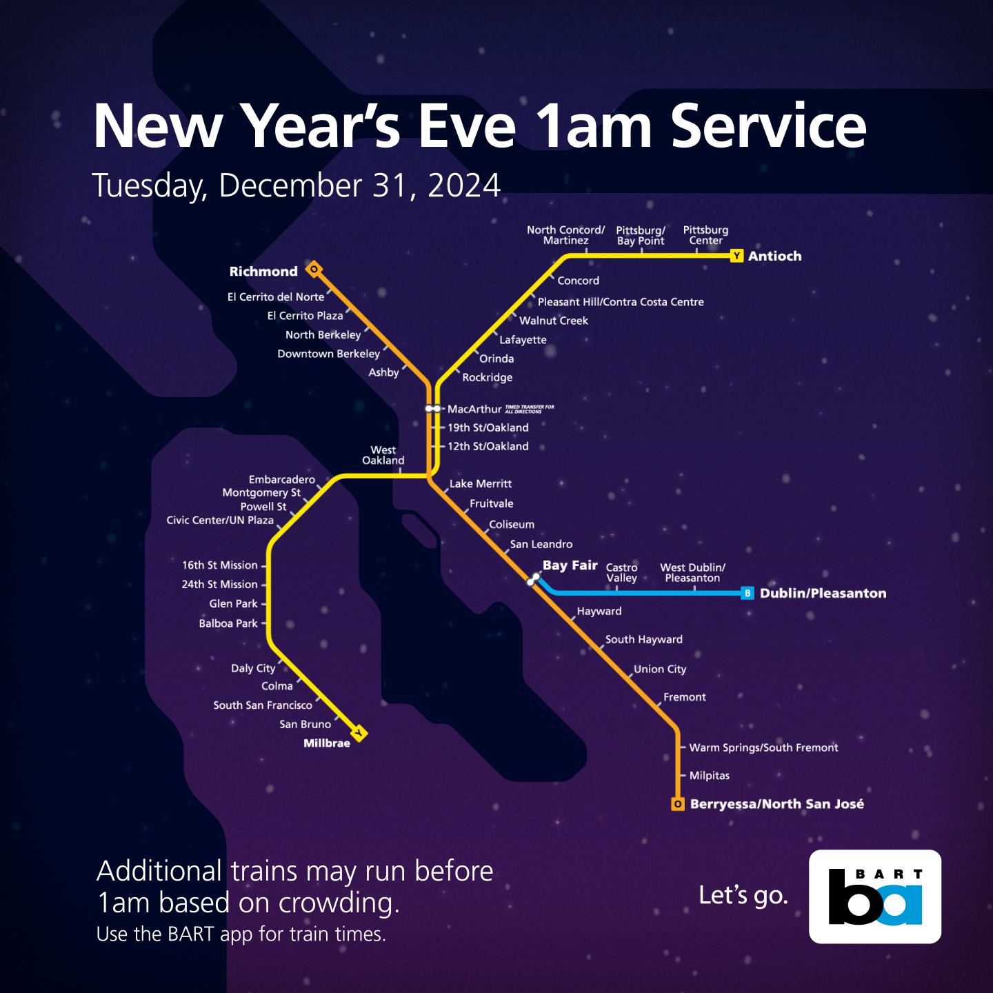 A graphic of a train against a nighttime SF skyline with the holiday schedule map