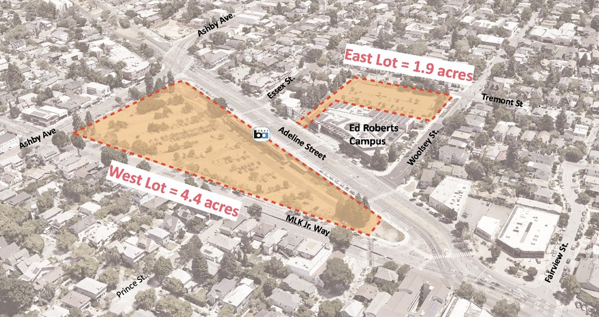 A map showing the West Lot and East Lot locations by Ashby BART