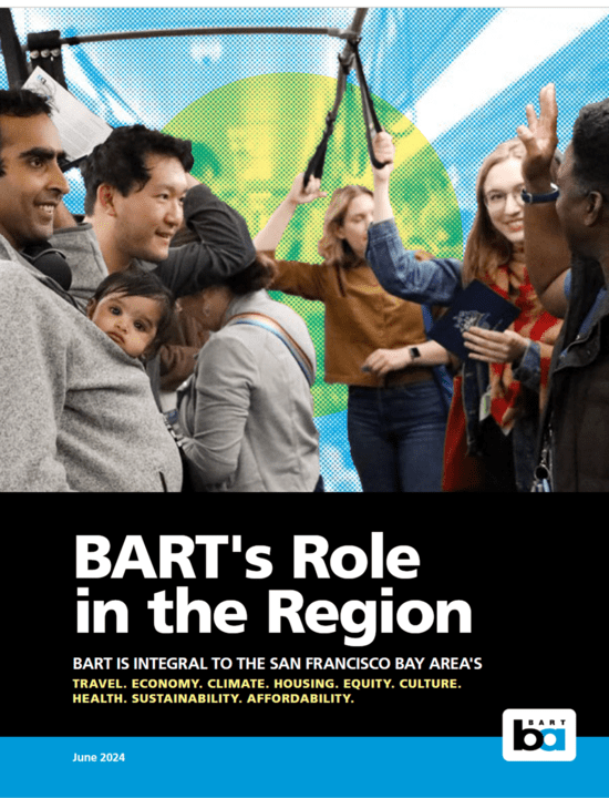 This image is the front cover of the BART’s Role in the Region Study report. The report cover shows a group of riders in a BART train on the top half and the Study’s title on the bottom half with a subtitle –  BART is Integral to the San Francisco Bay Area’s: Travel, Economy, Climate, Housing, Equity, Culture, Health, Sustainability, and Accountability. 