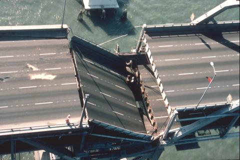 Photo of Bay Bridge damage after Loma Prieta in 1989. 