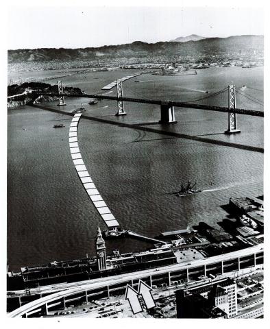 The route of the Transbay Tube depicted by the square dotted line in a photograph taken during the final stages of construction.  