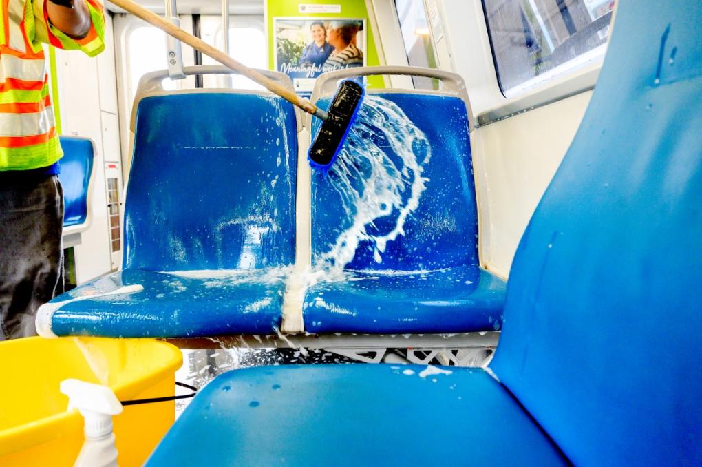 Seats are scrubbed with hot water and disinfectant soap during a thorough clean.  