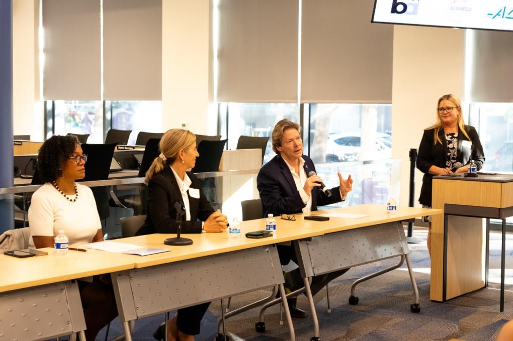 (From left to right): Beverly Greene, the executive director of External Affairs, Marketing and Communications at AC Transit, Tess Lengyel, Executive Director of the Alameda County Transportation Commission, Bob Powers, General Manager of BART, and Michele DiFrancia, President of ACEC-CA, Bay Bridge Chapter, photographed during the Girls in Motion Fall 2023 Summit, hosted at BART Headquarters on Thursday, Oct. 19, 2023. Photo courtesy of Conner L’Hommedieu of Kimley-Horn. 