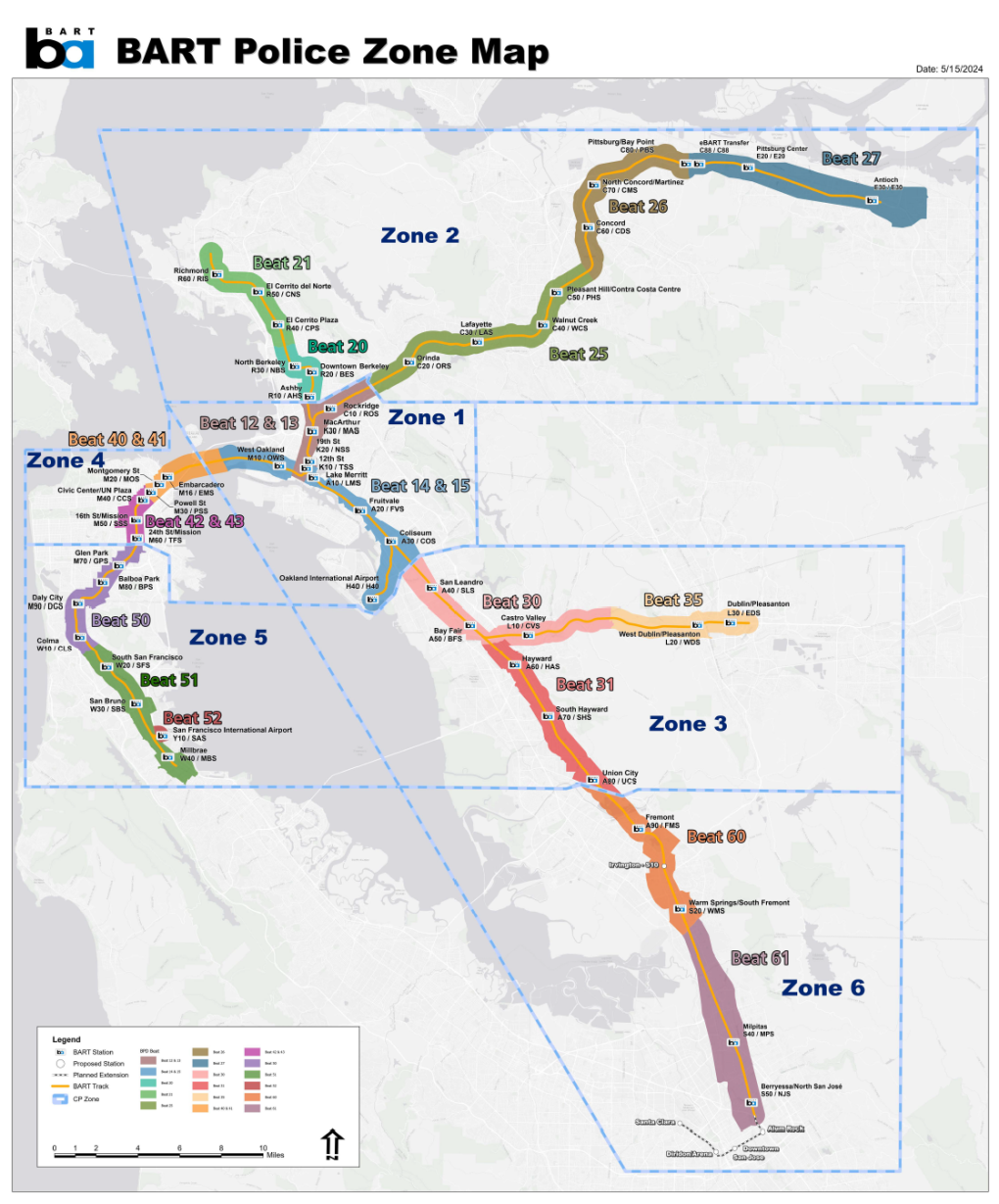 BART Police Zone Map with the BART lines marked by 6 zones in different colors. 