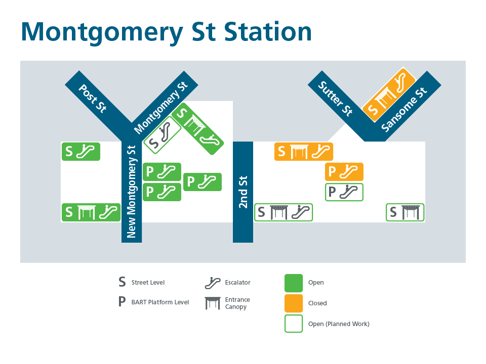 A map showing the current status of Montgomery St. entrances