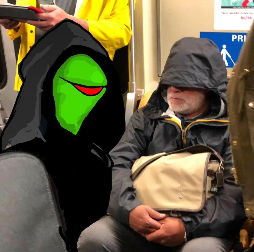 Hooded Kermit the Frog illustration beside a photo of a man with a similar black hood on BART