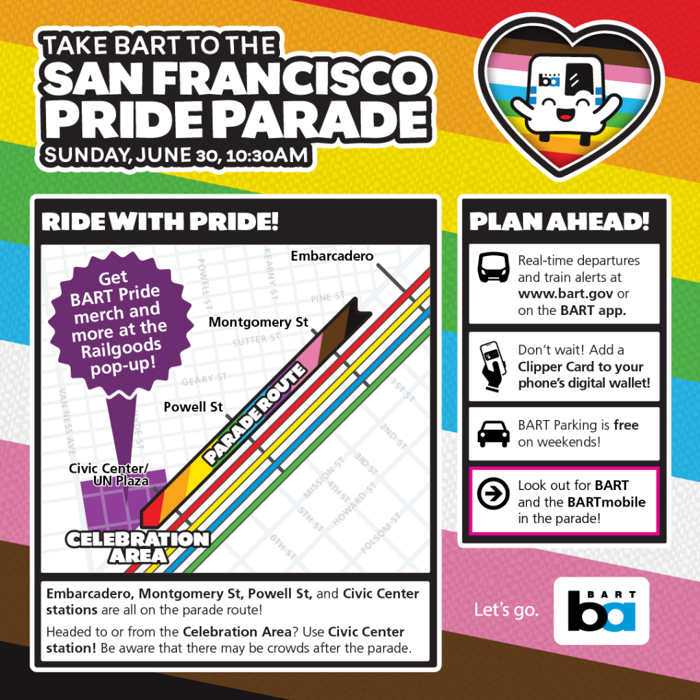 Promotional poster for the San Francisco Pride Parade with BART (Bay Area Rapid Transit) featuring a colorful map and details about the event on June 30, 10:30 AM. The poster includes tips on using BART services to reach the parade, highlights major stations like Embarcadero, Montgomery St, Powell St, and Civic Center, and advises on planning ahead with the BART app and special Pride Weekend services.