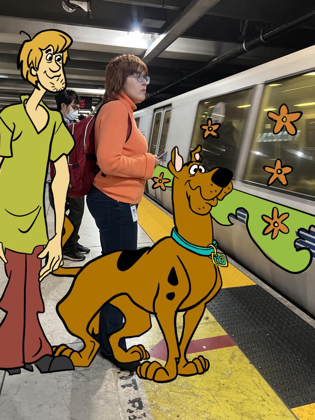 An illustration of Scooby Doo and Shaggy over a photo of a woman waiting for BART