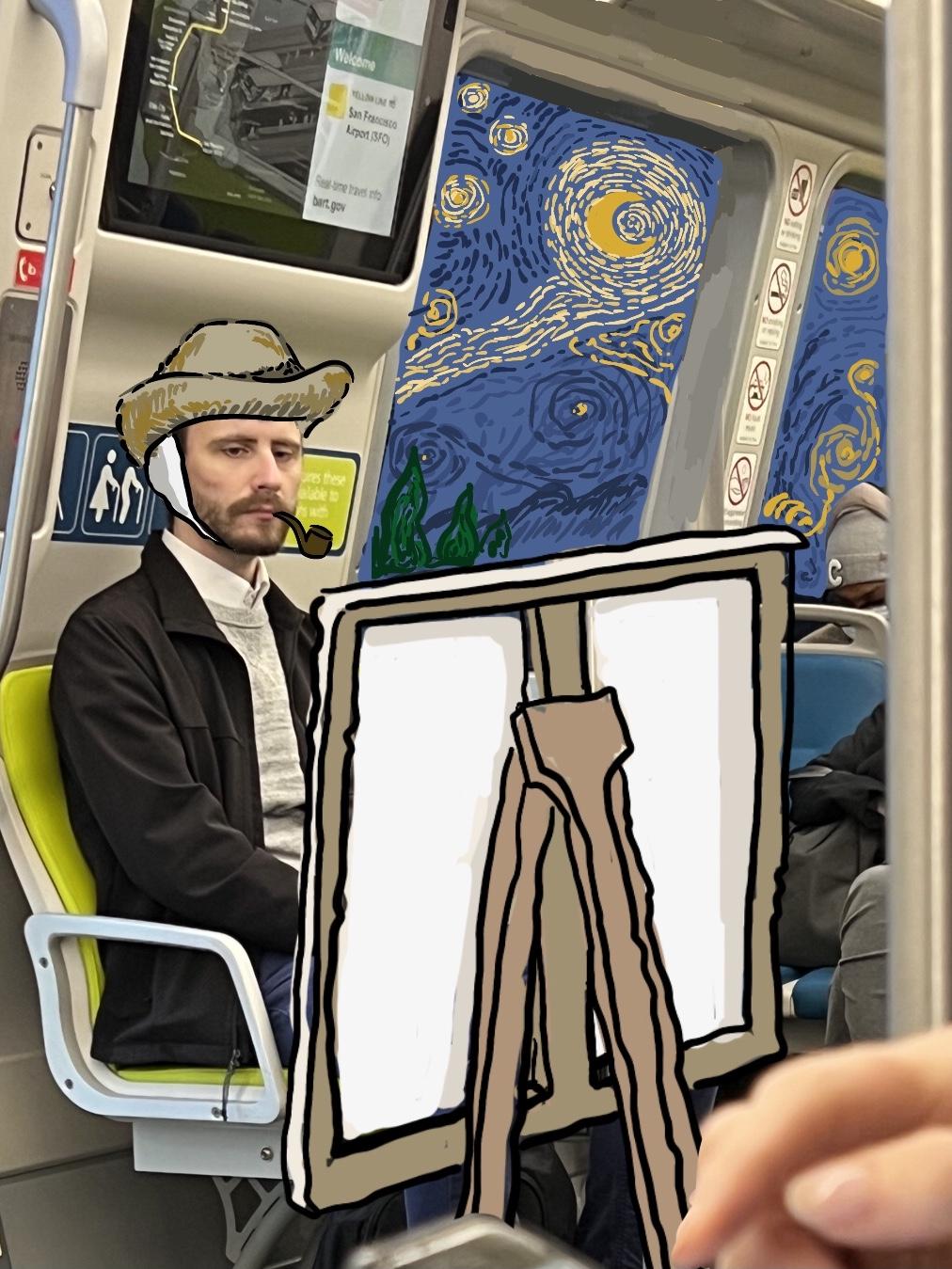 An illustration on o photo of a man on BART as Van Gough with Starry Night in the background and a canvas in front