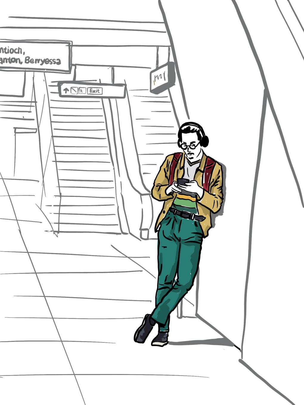 A man in yellow and green standing in a white and black line drawing of a BART station