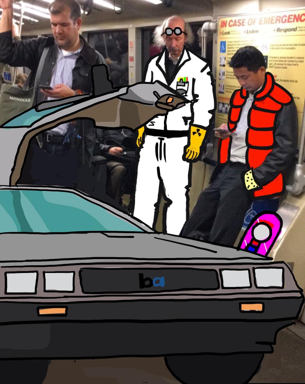 Characters from Back to the Future (Doc in white and Marty McFly in red) along with the Delorean time machine