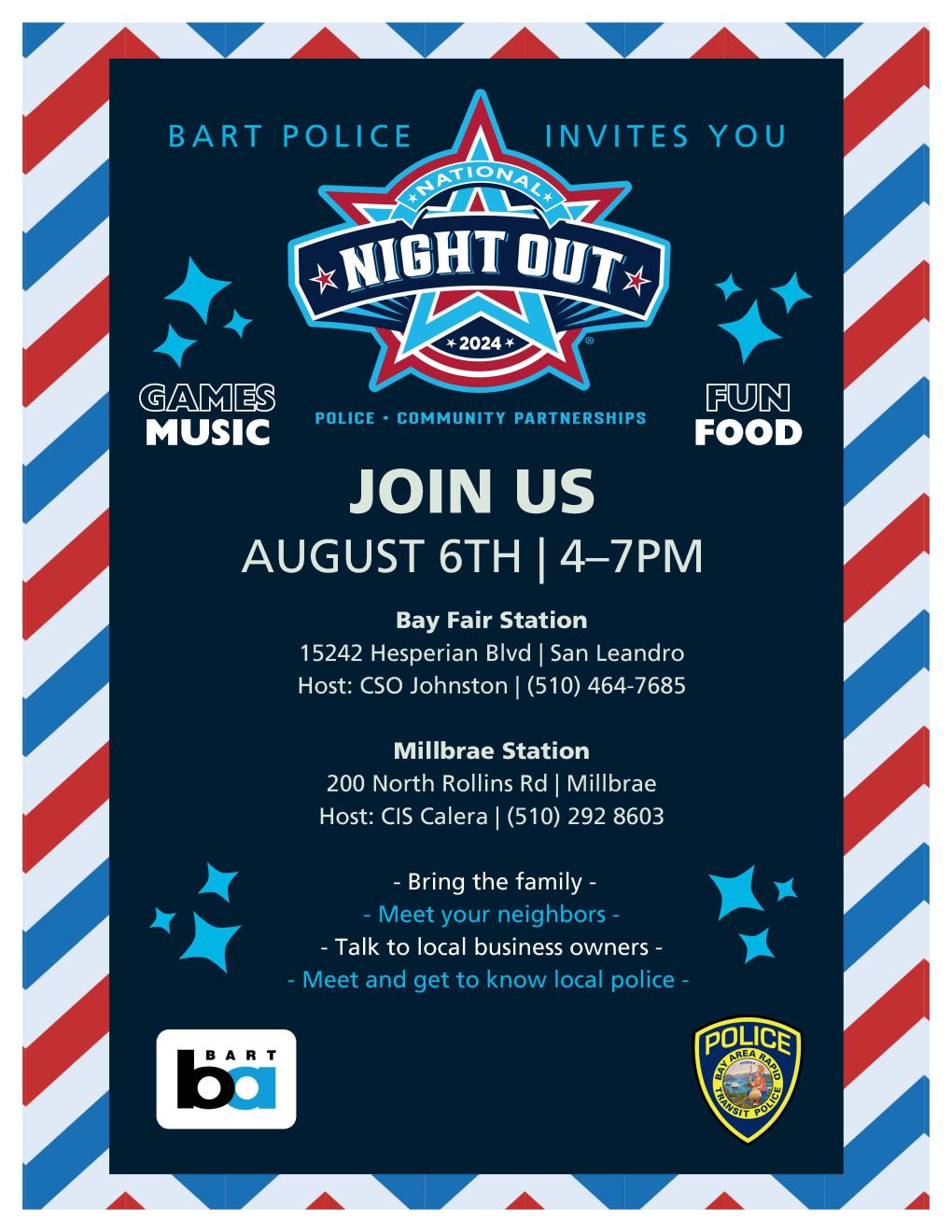 Flyer describing National Night Out events hosted by BART PD at Bay Fair and Millbrae stations