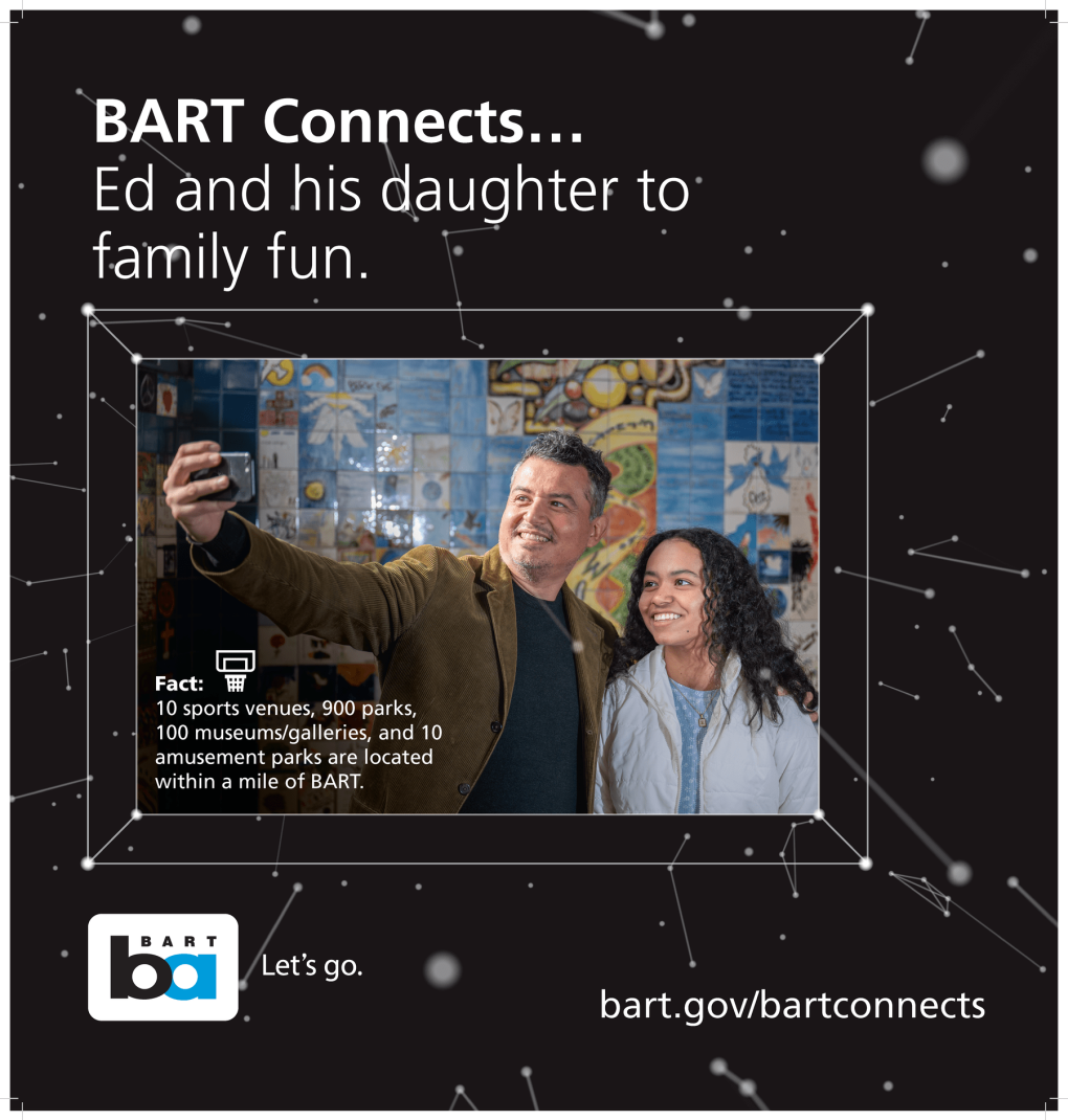 A promotional image featuring two people taking a selfie with happy expressions. Text overlay states "BART connects... to family fun," highlighting nearby sports venues, parks, and amusement parks accessible via BART. BART logo and website link "bart.gov/bartconnects" are displayed at the bottom.