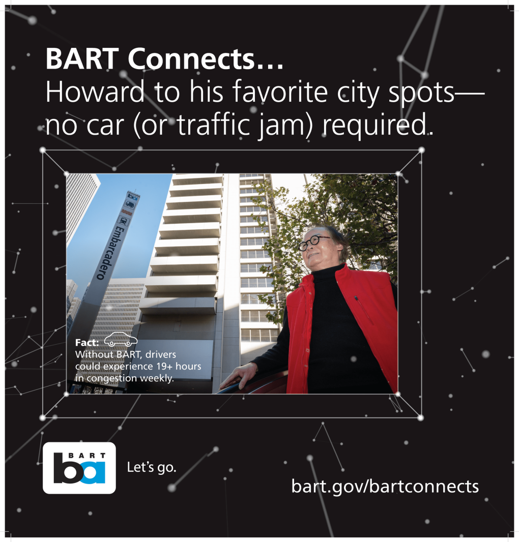 Advertisement for BART (Bay Area Rapid Transit) featuring a person wearing a red jacket standing by a tilted photo frame showing a traffic jam. Text promoting BART as a way to skip city traffic. BART logo and website link visible.