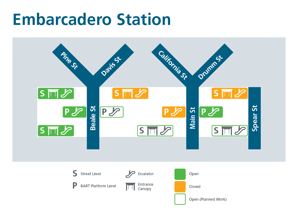 A map showing entrance status at Embarcadero Station