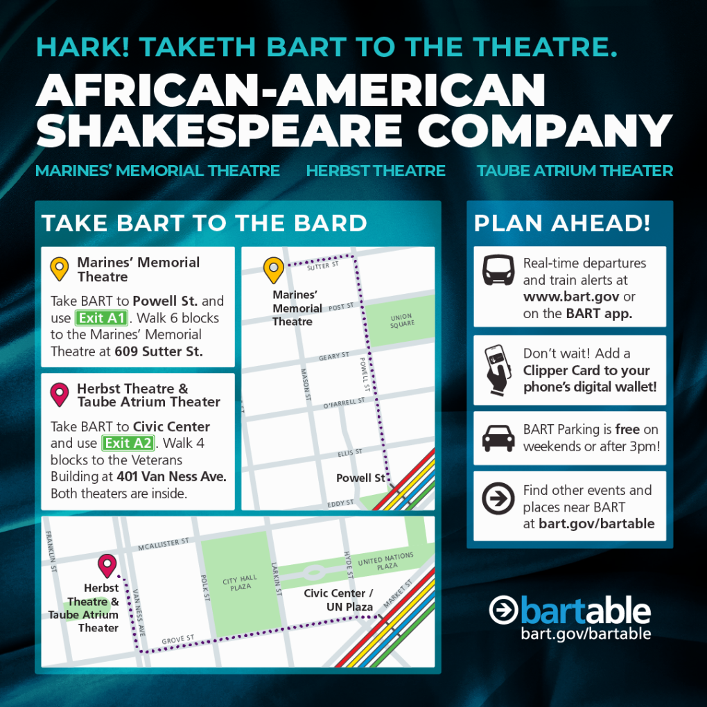 Promotional graphic for BART (Bay Area Rapid Transit) emphasizing accessibility to various theaters in the area including African-American Shakespeare Company, Marines' Memorial Theatre, and Taube Atrium Theater. The image highlights transit routes and nearby stations, with distinctive icons and a vibrant color scheme.