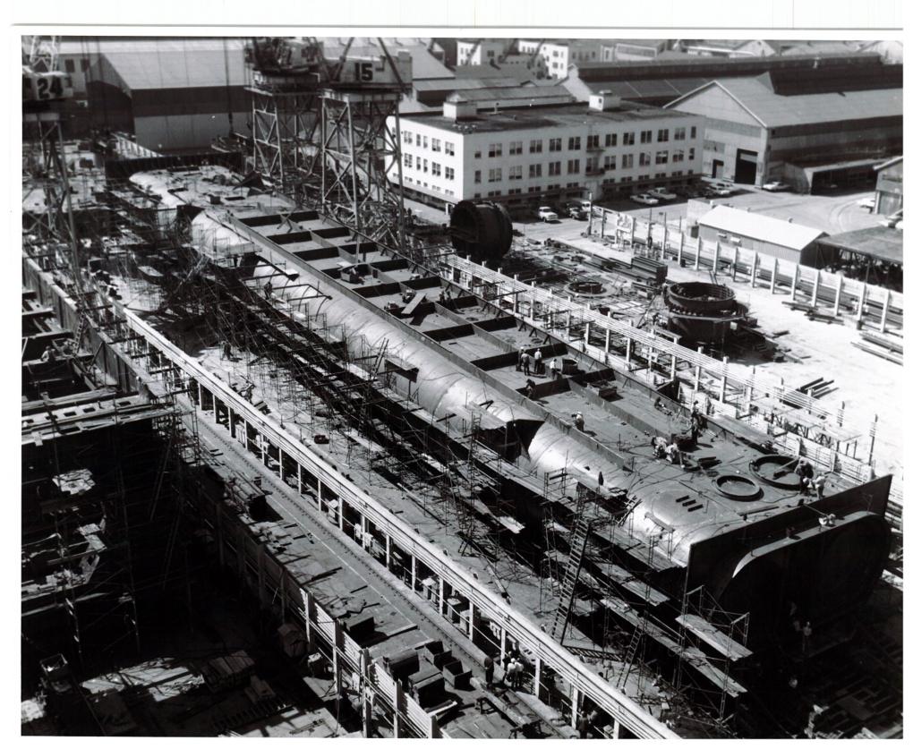 A photo of a section of the Tube under fabrication at Bethlehem Shipyards in South San Francisco. 