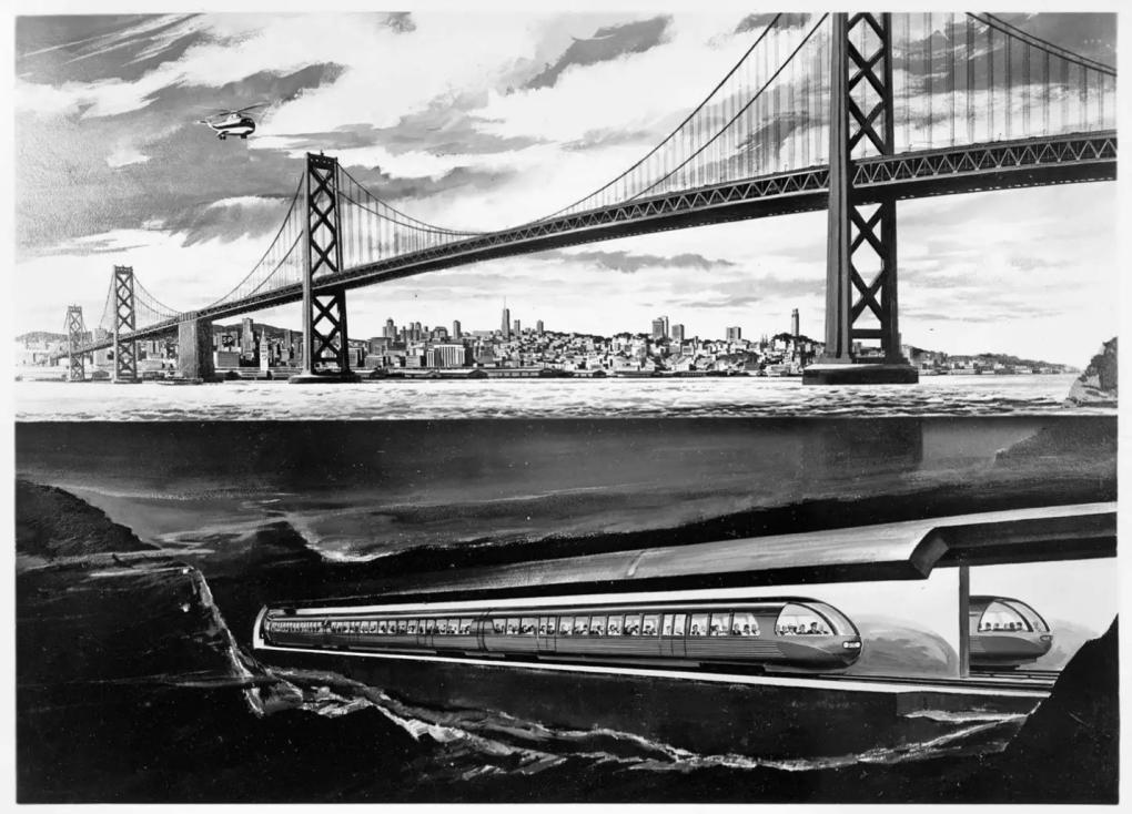 Illustration of a futuristic underwater train passing below the San Francisco Bay, with the Bay Bridge overhead and the city skyline in the background. A helicopter flies above the bridge.