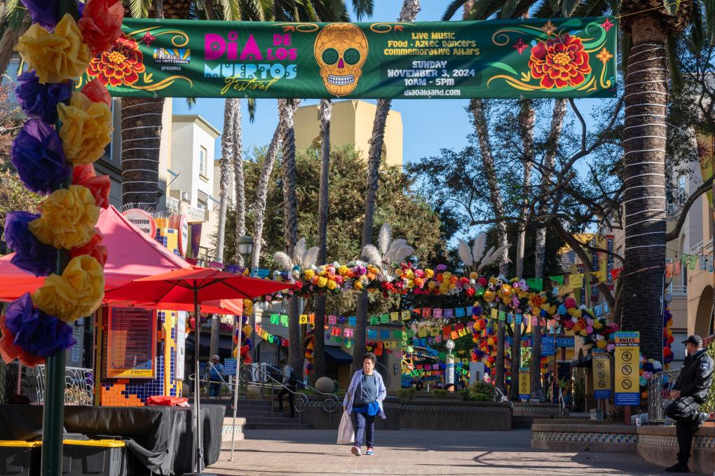 Banner for "Dia de los Muertos" strung across a festive street scene with colorful flowers and decorations. A person walks in the foreground, vendor stalls and benches are visible under shaded areas on a sunny day.