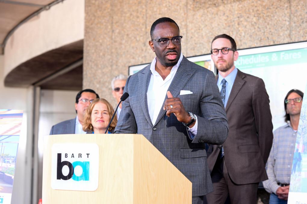 California Secretary of Transportation Toks Omishakin at a news conference on Thursday, Oct. 24, 2024, at North Berkeley Station announcing the grant awards.