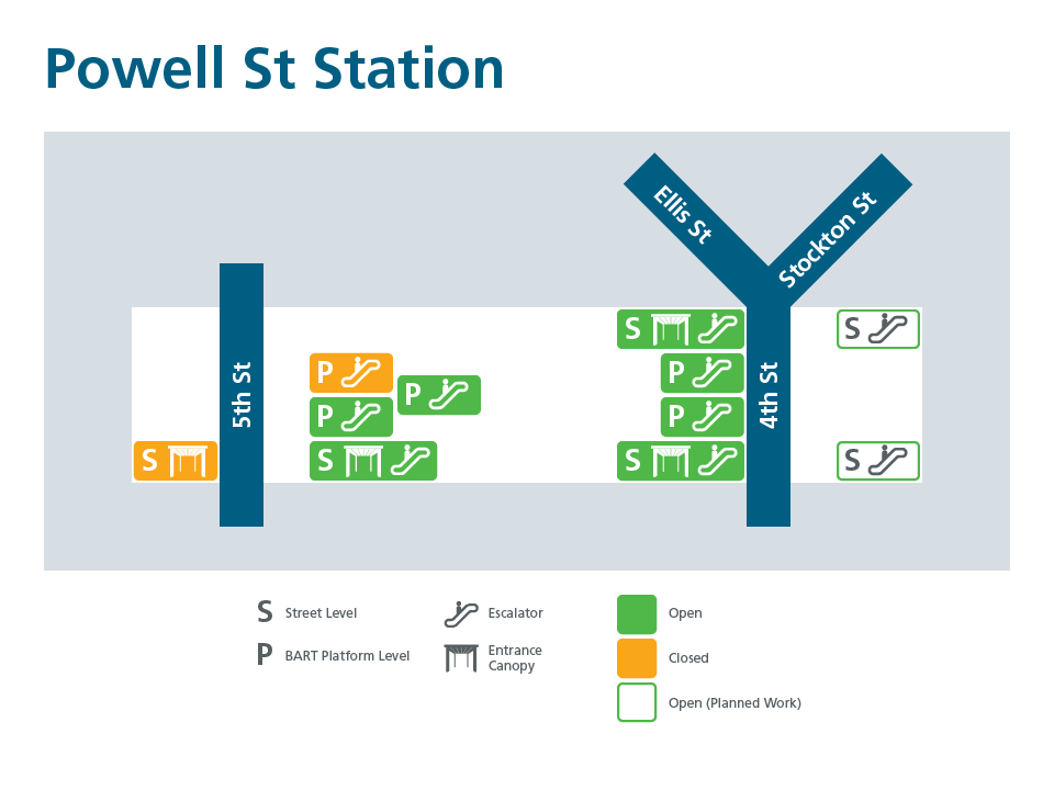 A map showing Powell St. Station entrance status