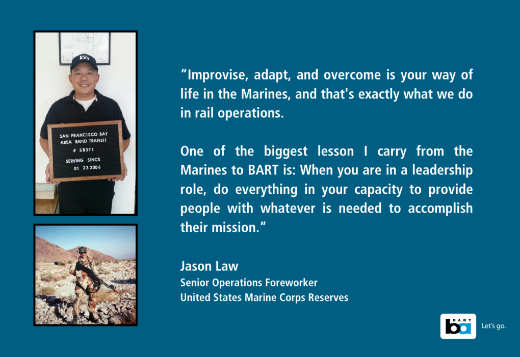 Image featuring two photographs and a quote. The top photo shows a person in a baseball cap standing next to a framed San Francisco Police Department certificate dated October 20, 2008. The lower photo depicts a person in military gear navigating a rocky desert terrain. On the right, a quote by Jason Law, Former United States Marine Corps Reserves, discusses adapting and leading to accomplish missions.