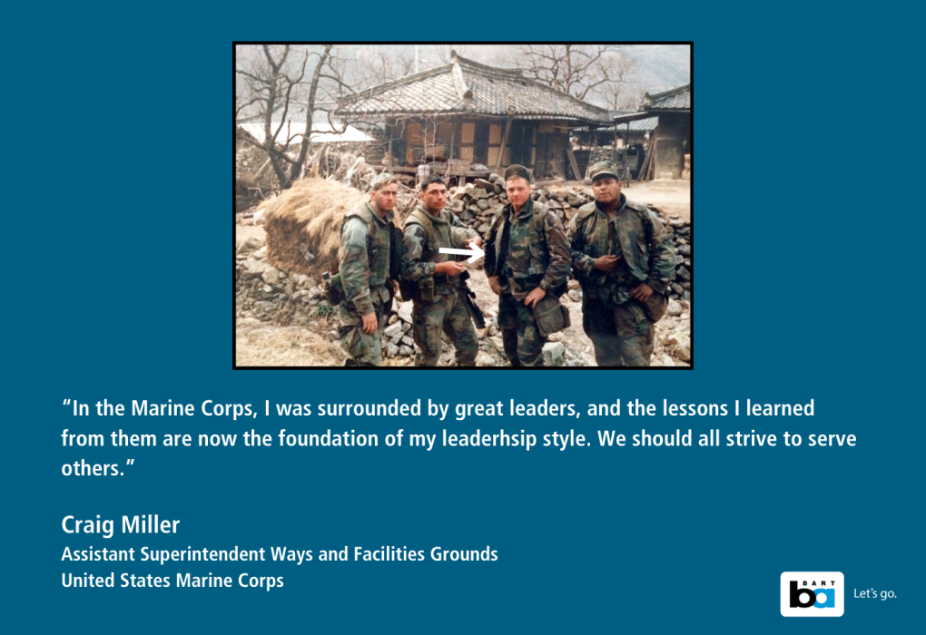 Image of five United States Marine Corps soldiers in combat uniforms and helmets, walking and smiling together through a rugged outdoor terrain with traditional wooden structures in the background. A quote by Craig Miller about leadership in the Marine Corps is included.