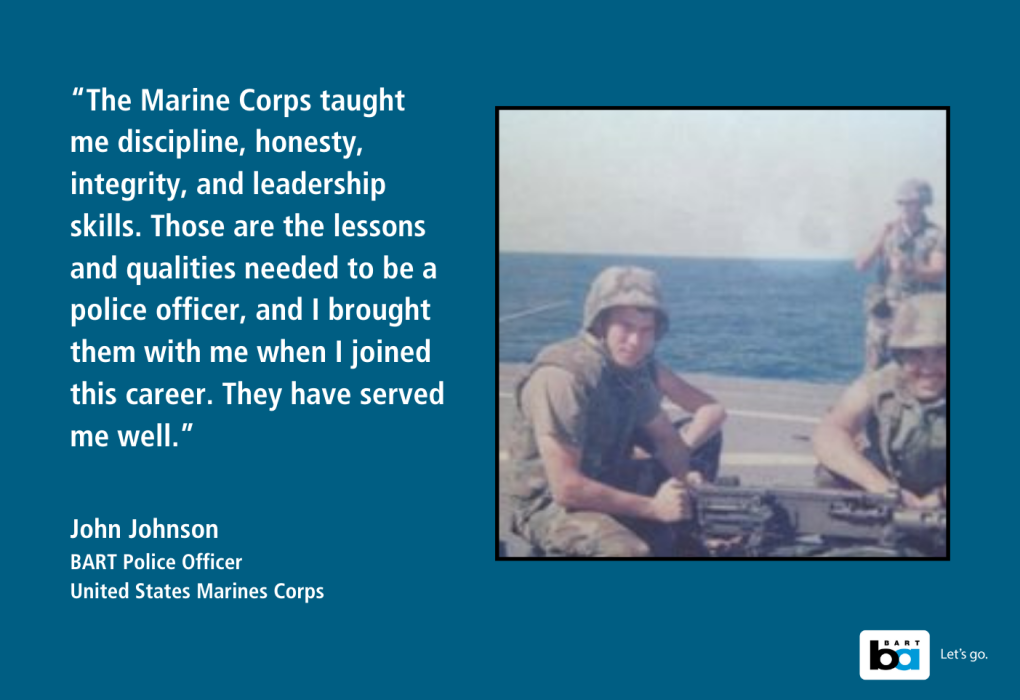 Quote by John Johnson about how the Marine Corps influenced their career in the police force, accompanied by an image of two United States Marines in combat gear sitting by the sea.