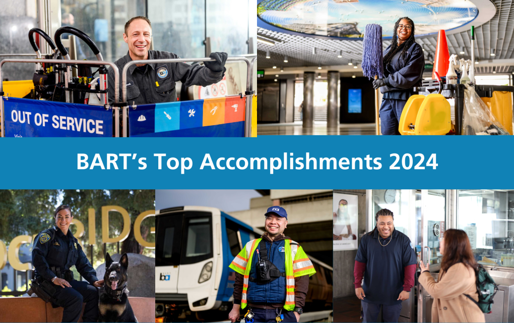 Five photos of BART employees working with the text BART's Top Accomplishments of 2024