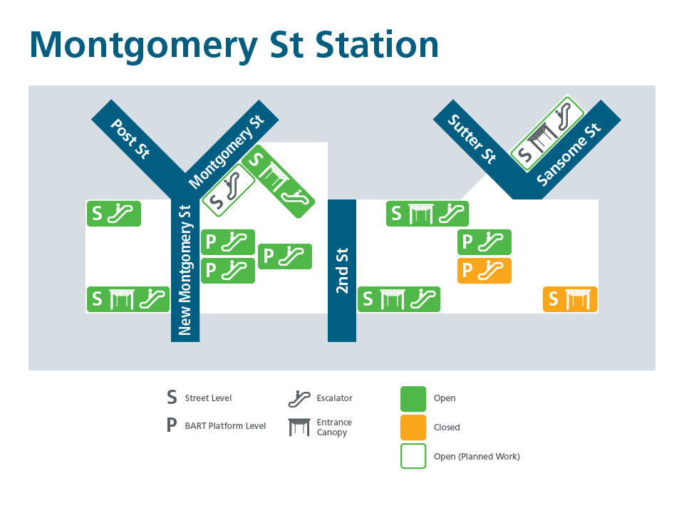 A map of Montgomery St. Station showing entrance status