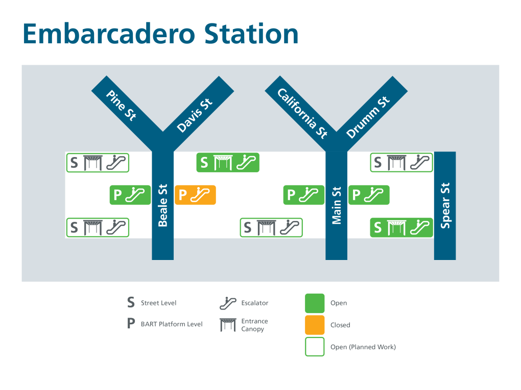 Map of Embarcadero showing open and closed escalators