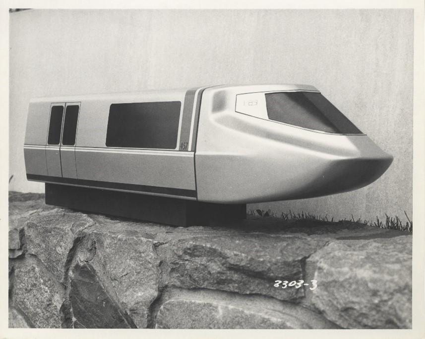 Photograph of a 1/12 scale model of a BART train prototype from the 1960s.