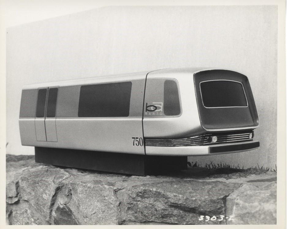 Photograph of a 1/12 scale model of a BART train prototype from the 1960s.